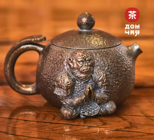 Чайник 185мл "Царь Обезьян", цзяньшуйская керамика, 3D резьба, дровяной обжиг
