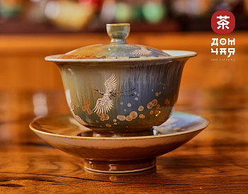 Гайвань Цзиньдэчжэнь "Журавли", Ручная Роспись Серебром,180 мл.